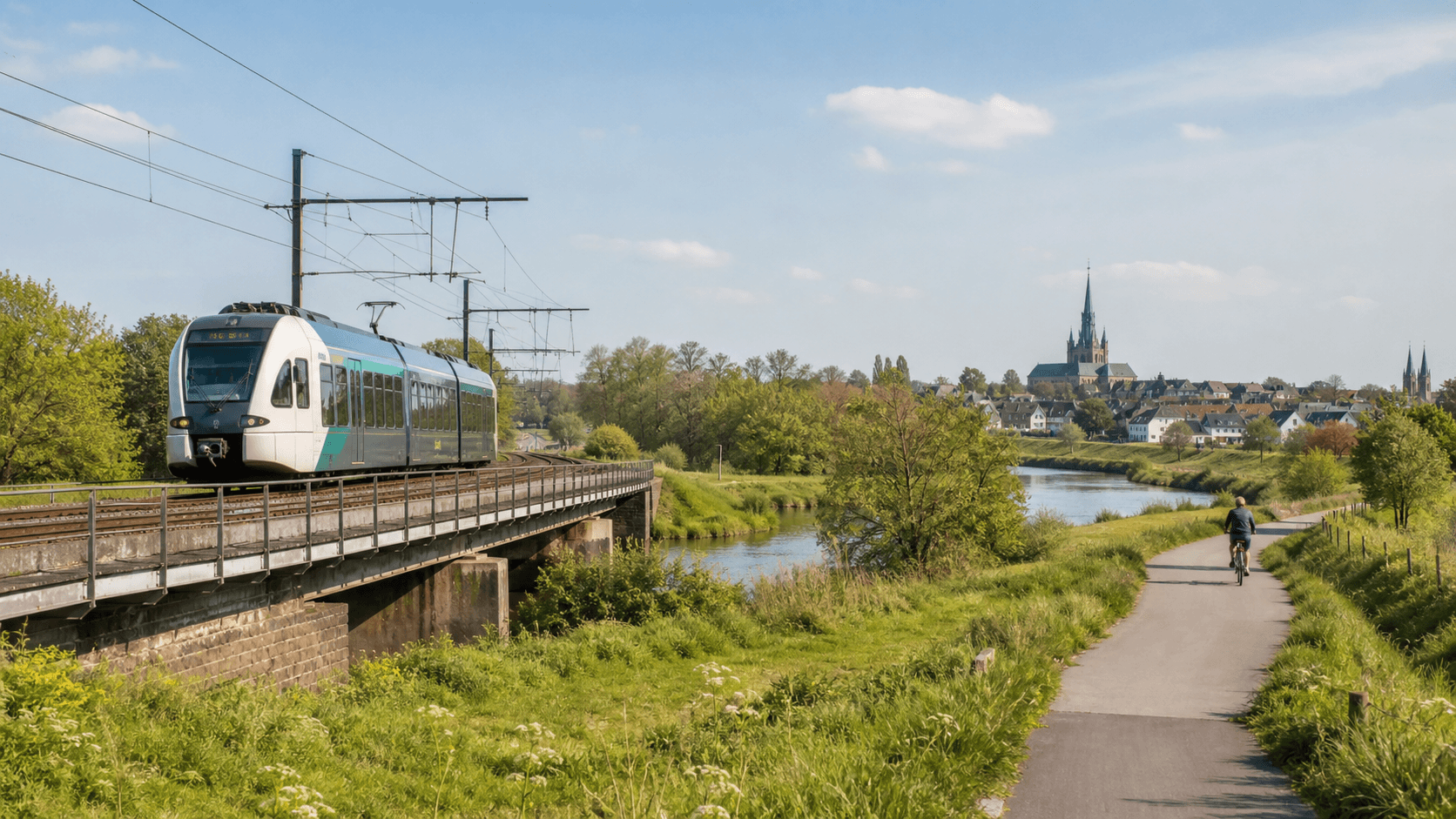 Regionale grensoverschrijdende trein in een groen landschap